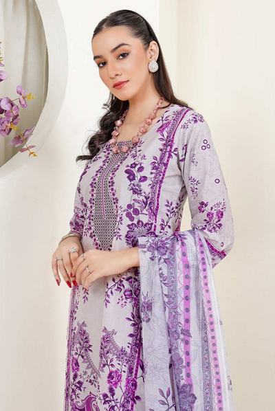 3 Piece Stitched Digital Printed Embroidered Lawn Suit From Zara '25 Collection - PURPLE GOWN