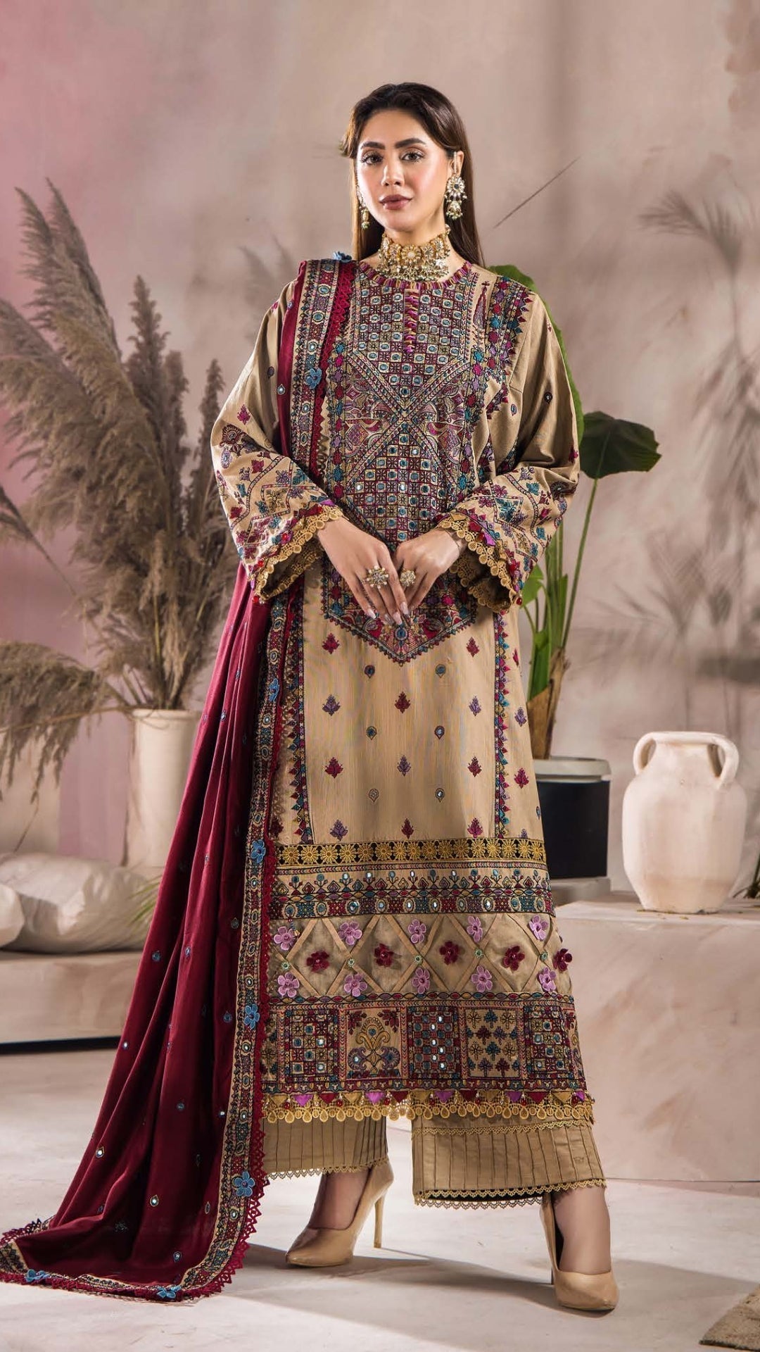 3 Piece Stitched Luxury Winter Embroidered Collection Vol.2 By Eshaisha - 01