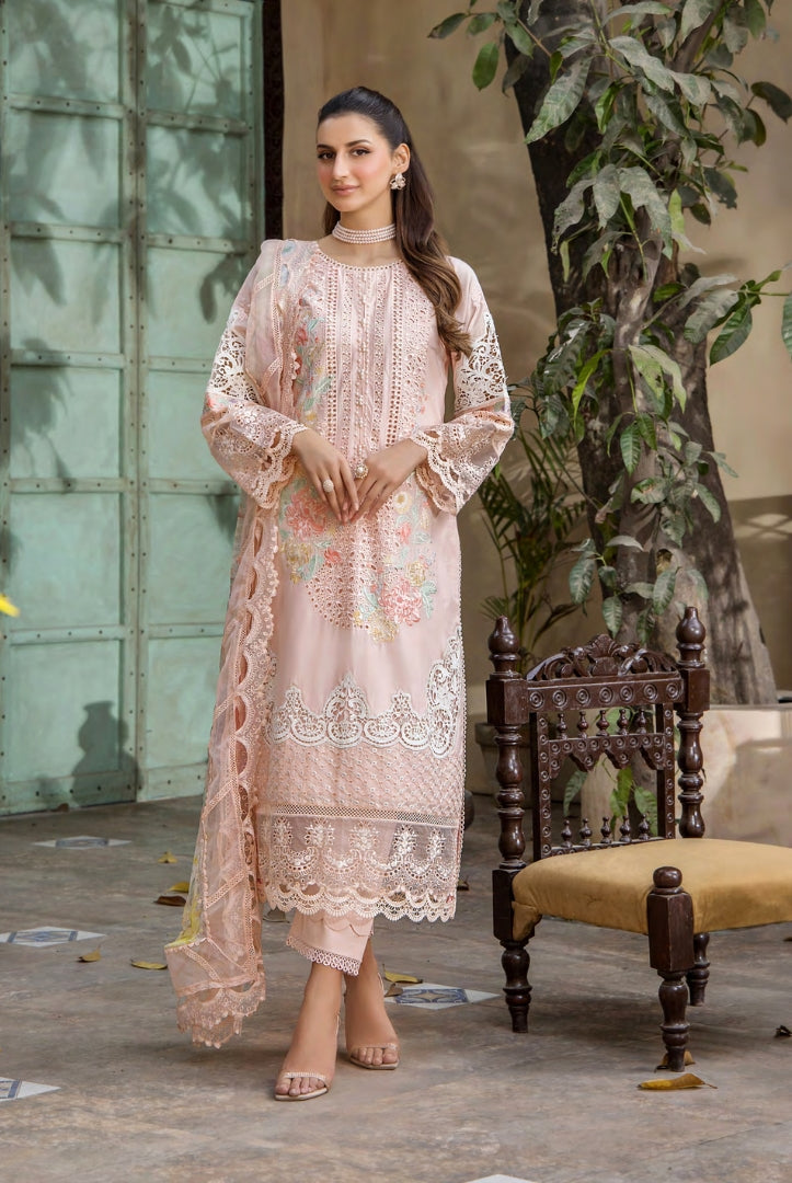3 Piece Stitched Luxury Lawn Embroidered Suits Collection By Eshaisha - PEACH BLOSSOM