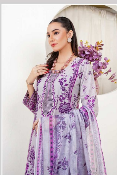 3 Piece Stitched Digital Printed Embroidered Lawn Suit From Zara '25 Collection - PURPLE GOWN
