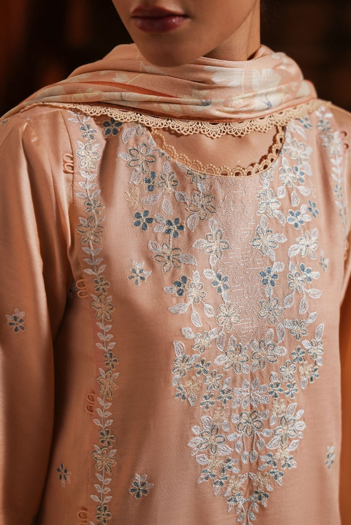 3 Piece Stitched Cotton Embroidered Suit From Satin Deluxe By Cross Stitch - Coral Charm