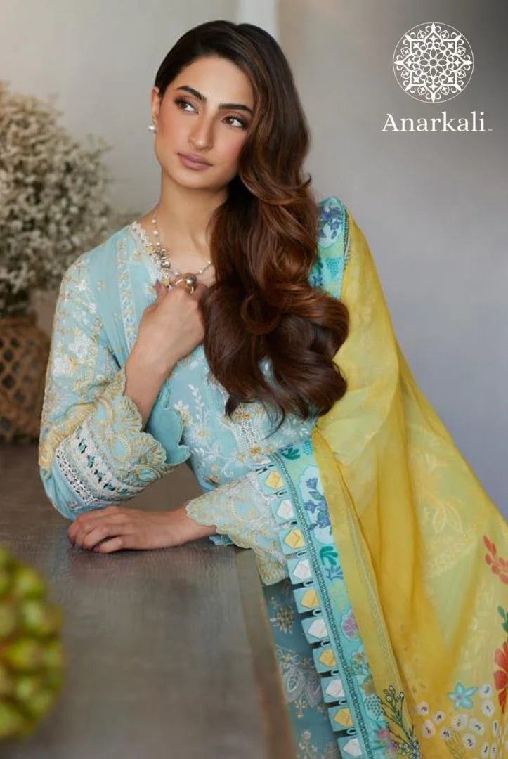 Liliana Luxury Lawn 24 Galina Faiza Saqlain 3 piece Stitched Suit (Sky Blue)