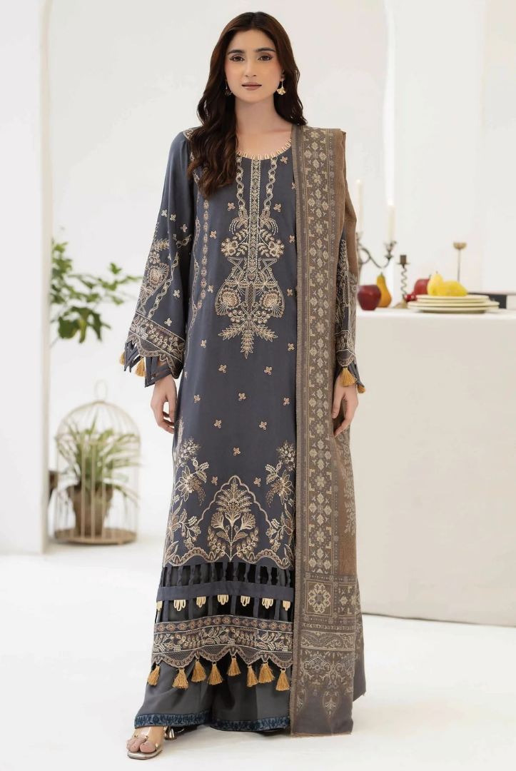 3 Piece Stitched EMBROIDERED PEACH LEATHER WITH PURE JECQUARD WOOL SHAWL ZEINA by JOHRA JW-366