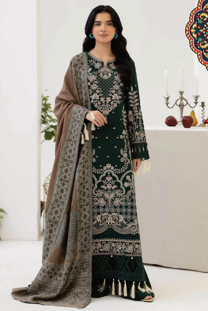 3 Piece Stitched EMBROIDERED PEACH LEATHER WITH PURE JECQUARD WOOL SHAWL ZEINA by JOHRA JW-367