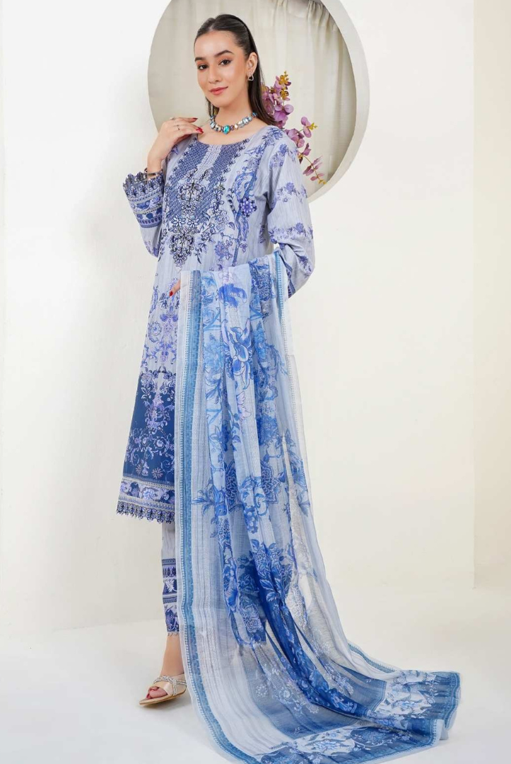 3 Piece Stitched Digital Printed Embroidered Lawn Suit From Zara '25 Collection - SONIC BLUE