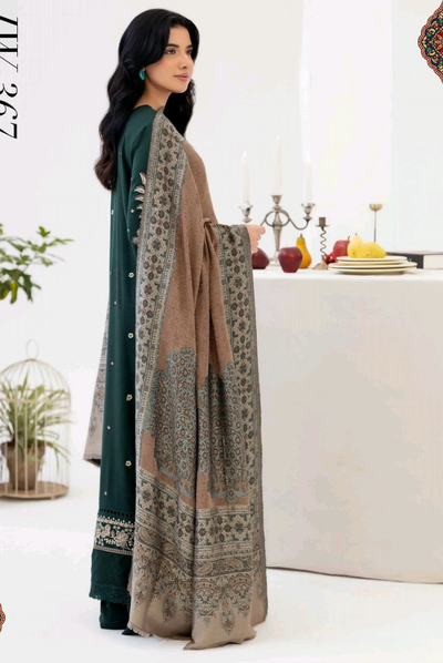 3 Piece Stitched EMBROIDERED PEACH LEATHER WITH PURE JECQUARD WOOL SHAWL ZEINA by JOHRA JW-367