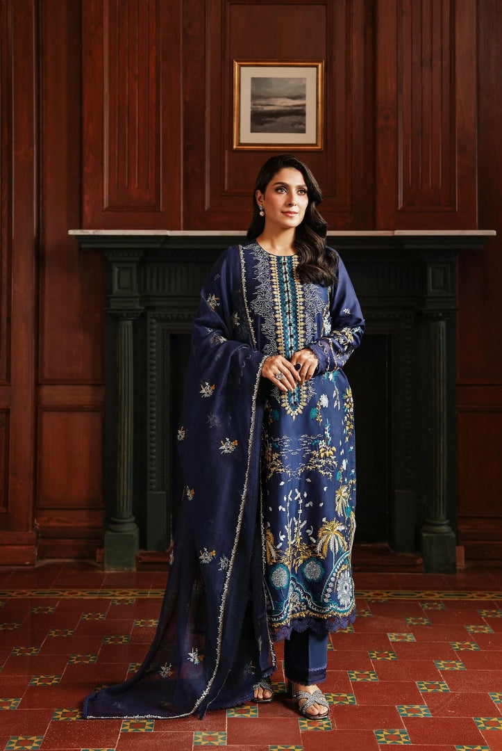 3 Piece Stitched Cotton Embroidered Suit From Satin Deluxe By Cross Stitch - Celestial Navy