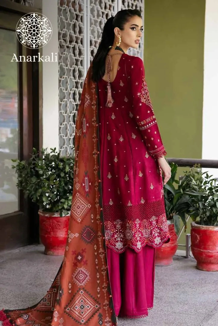 Nureh Exclusive Embroidered 3Piece Stitched Suit (Dark Pink)