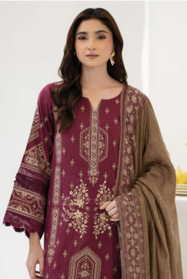 3 Piece Stitched EMBROIDERED PEACH LEATHER WITH PURE JECQUARD WOOL SHAWL ZEINA by JOHRA JW-368