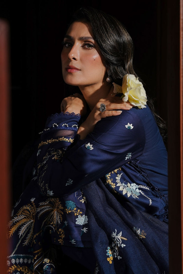 3 Piece Stitched Cotton Embroidered Suit From Satin Deluxe By Cross Stitch - Celestial Navy