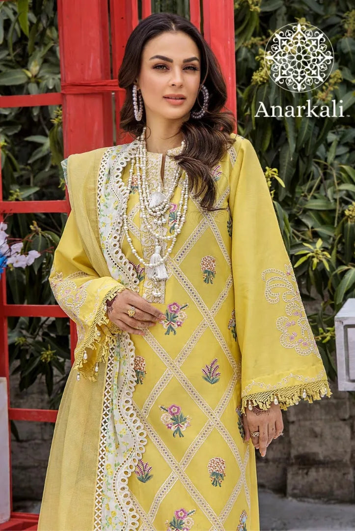 Eshaisha Festive Lawn Embroidered Collection 3Piece Stitched Suit(Yellow)