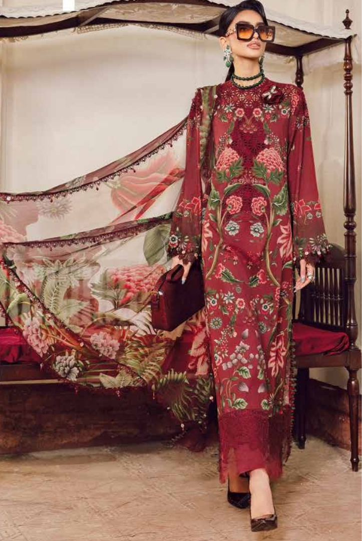 3 Piece Stitched Embroidered Linen Rani Mahal by Maria B M prints Fall Edit'25 Winter Collection MB25FE-9A