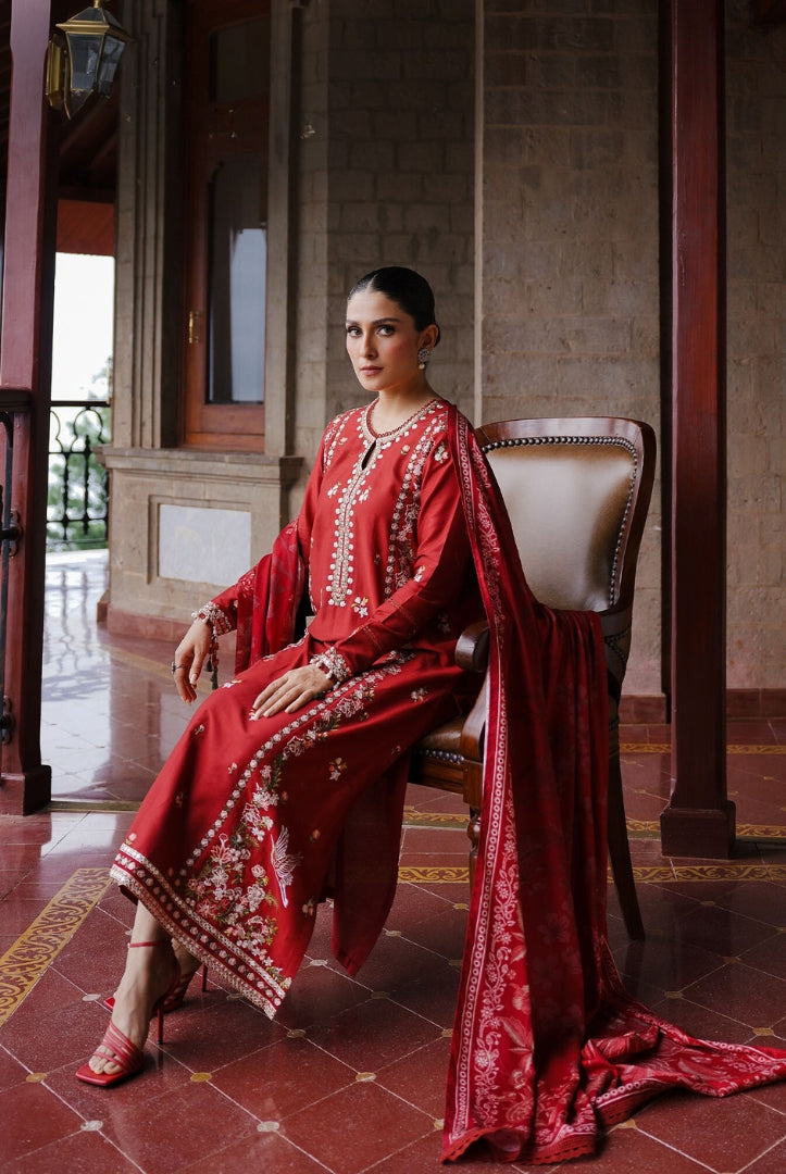 3 Piece Stitched Cotton Embroidered Suit From Satin Deluxe By Cross Stitch - Ruby Whisper