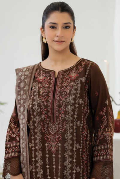 3 Piece Stitched EMBROIDERED PEACH LEATHER WITH PURE JECQUARD WOOL SHAWL ZEINA by JOHRA JW-369