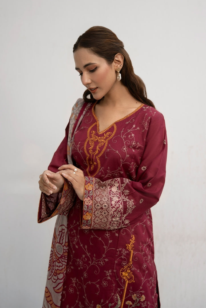 Inej By Usama Sidhu 3 Piece Stitched Embroidered Lawn Suit - Maroon
