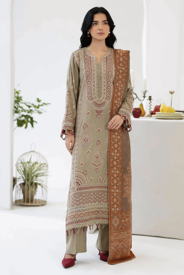 3 Piece Stitched EMBROIDERED PEACH LEATHER WITH PURE JECQUARD WOOL SHAWL ZEINA by JOHRA JW-372