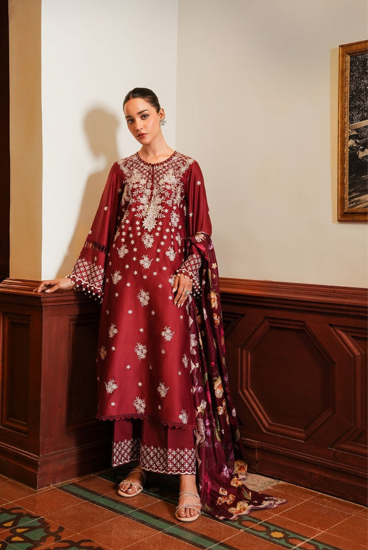 3 Piece Stitched Cotton Embroidered Suit From Satin Deluxe By Cross Stitch - Deep Berry