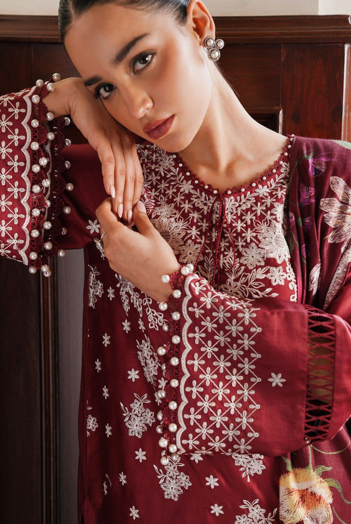 3 Piece Stitched Cotton Embroidered Suit From Satin Deluxe By Cross Stitch - Deep Berry