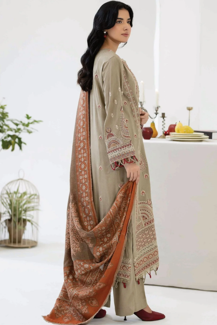 3 Piece Stitched EMBROIDERED PEACH LEATHER WITH PURE JECQUARD WOOL SHAWL ZEINA by JOHRA JW-372