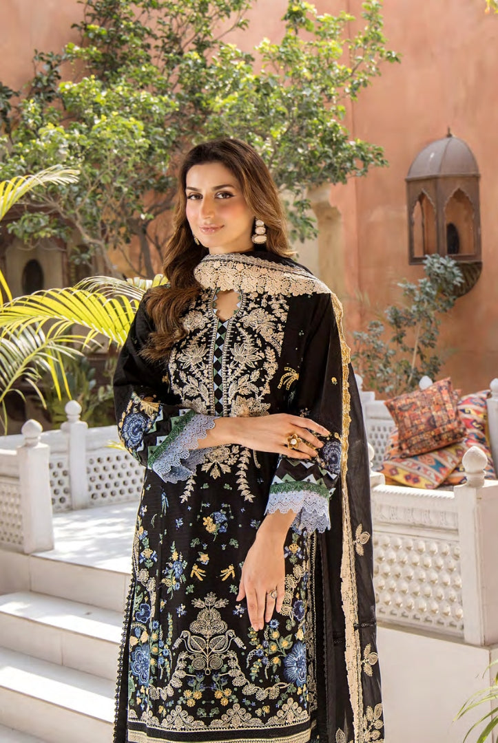3 Piece Stitched Luxury Lawn Embroidered Suits Collection By Eshaisha - GOLDEN OBSIDIAN