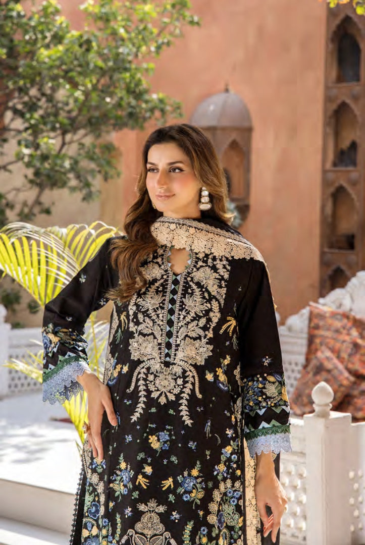3 Piece Stitched Luxury Lawn Embroidered Suits Collection By Eshaisha - GOLDEN OBSIDIAN