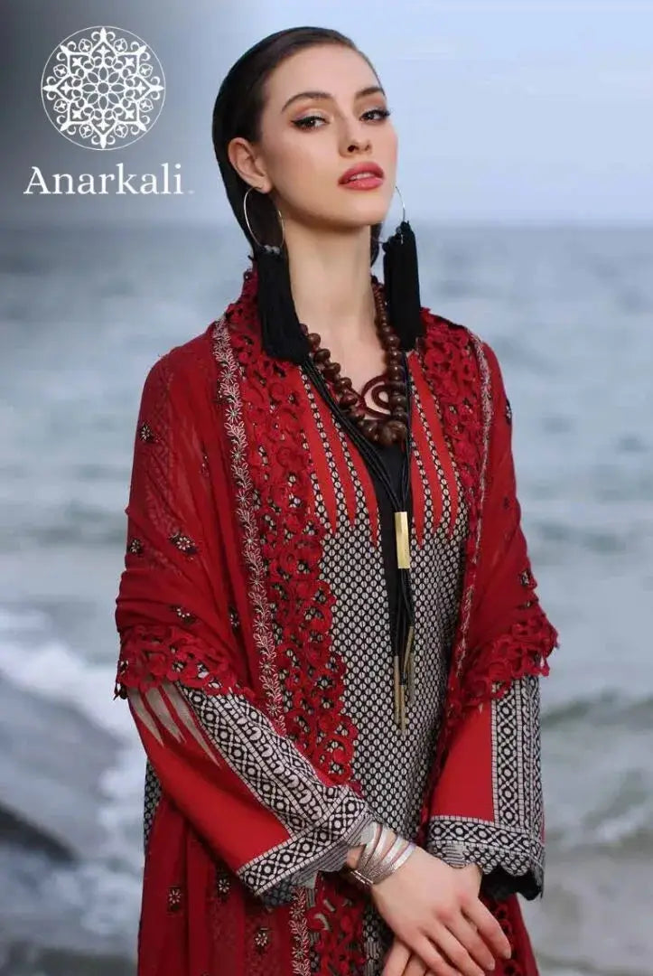 Charizma Printed Lawn with  Embroidered Chiffon  Dupatta 3piece Stitched Suit - 04