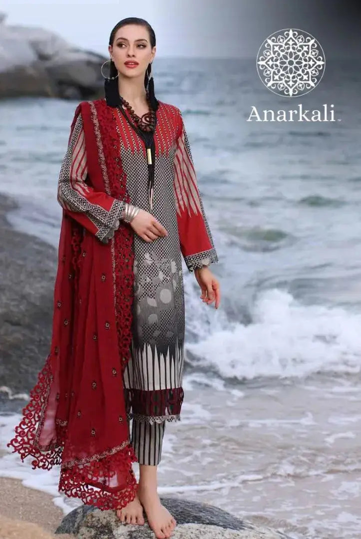 Charizma Printed Lawn with  Embroidered Chiffon  Dupatta 3piece Stitched Suit - 04