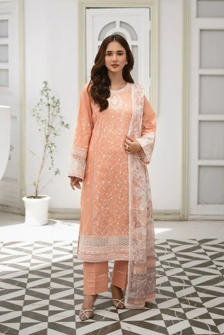 Inej By Usama Sidhu 3 Piece Stitched Embroidered Lawn Suit - Peach