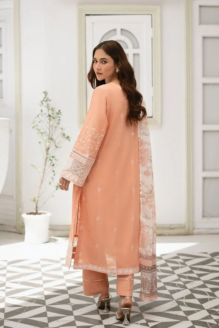 Inej By Usama Sidhu 3 Piece Stitched Embroidered Lawn Suit - Peach