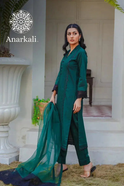 Qaus-e-Qaza Eid Collection 3Piece Stitched Suit (Dark Green)