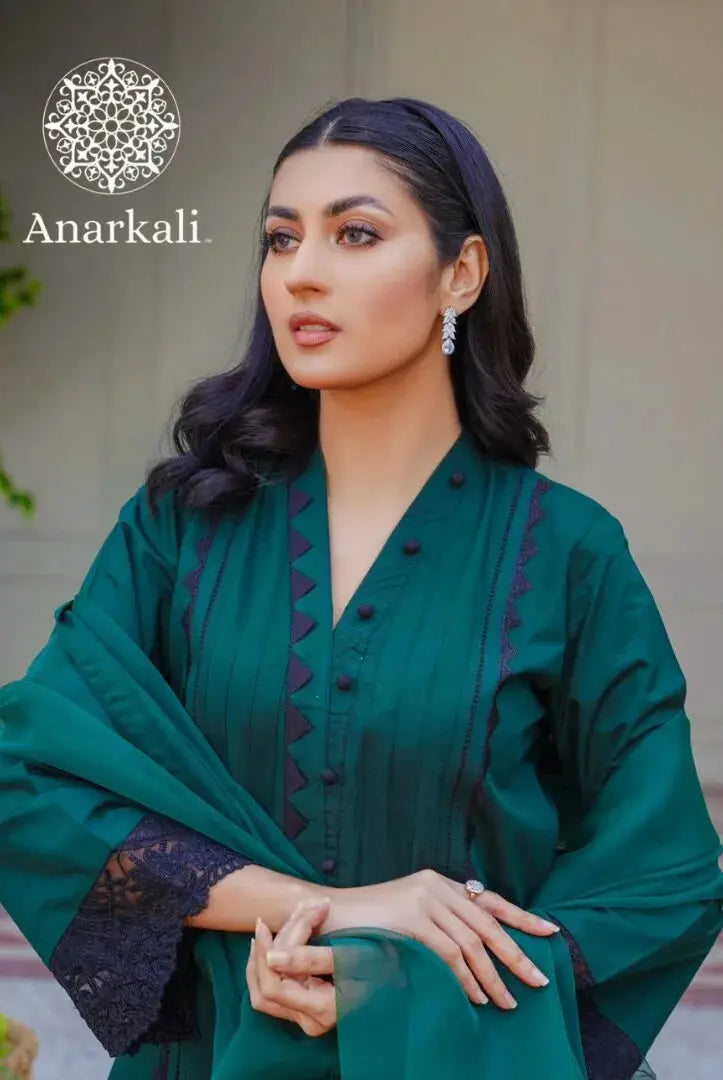 Qaus-e-Qaza Eid Collection 3Piece Stitched Suit (Dark Green)