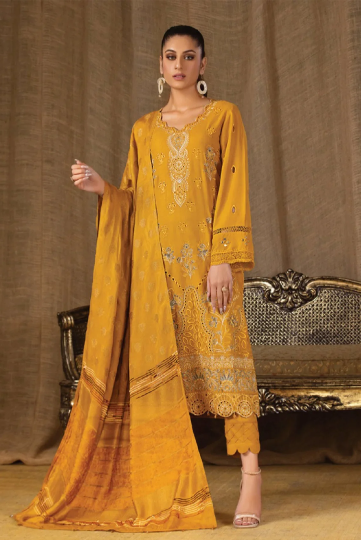 Tehzeeb By Riaz Arts Embroidered Leather Peach With Velvet Shawl Suits Collection - 04