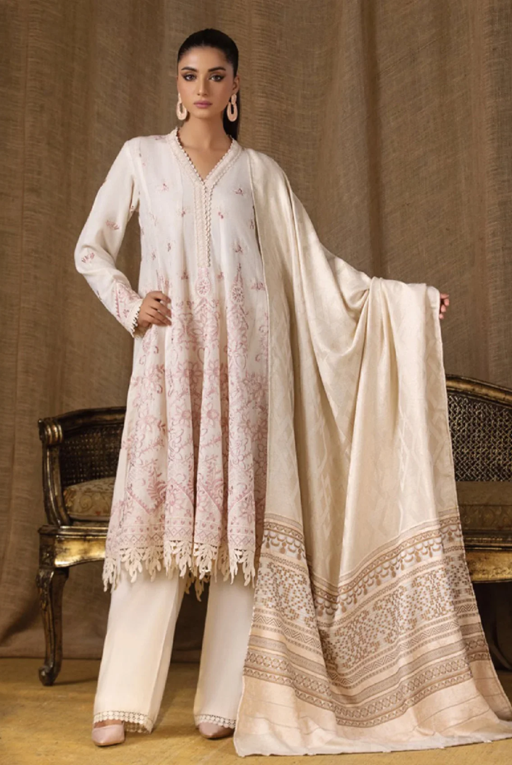 Tehzeeb By Riaz Arts Embroidered Leather Peach With Velvet Shawl Suits Collection - 09