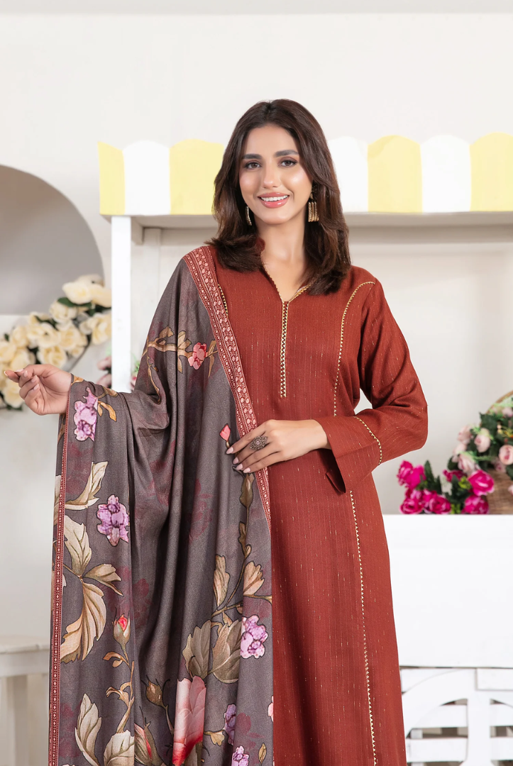 3 Piece Stitched Fancy Printed Leather Peach Laila by Tawakkal  Winter Collection D-4714